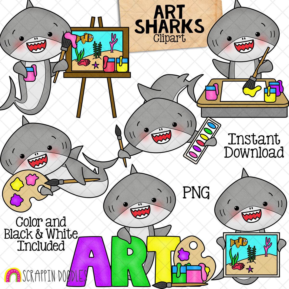 Art Sharks Clip Art - Grey Shark Art Class Clipart - Painting - Artist - Baby Shark - Commercial Use PNG Sublimation