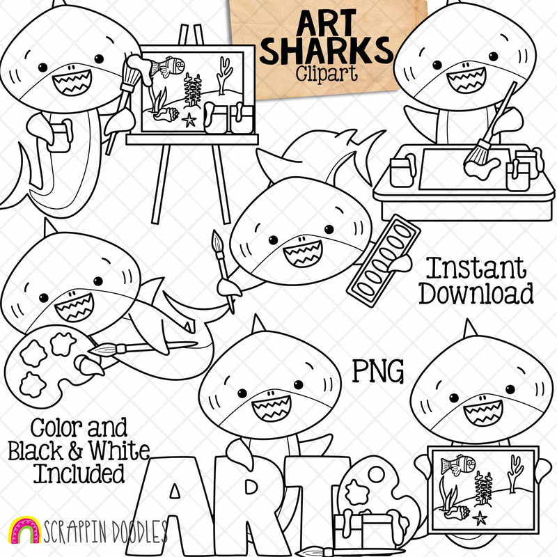 Art Sharks Clip Art - Grey Shark Art Class Clipart - Painting - Artist - Baby Shark - Commercial Use PNG Sublimation