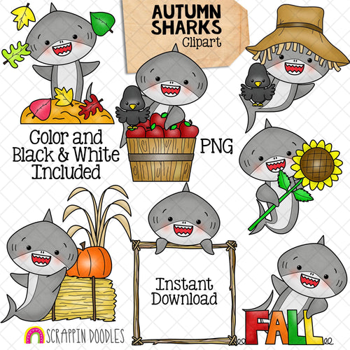 Autumn Sharks Clip Art - Grey Shark Clipart - Baby Shark - Commercial Use PNG Sublimation