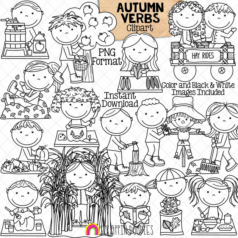 Autumn Verbs ClipArt - Fall Verb Kids - Seasonal Action Words - Commercial Use PNG