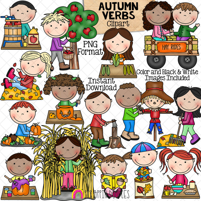 Autumn Verbs ClipArt - Fall Verb Kids - Seasonal Action Words - Commercial Use PNG