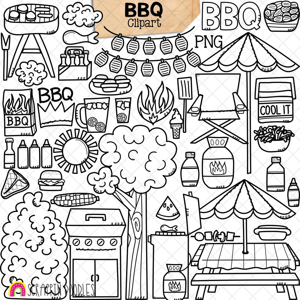 BBQ ClipArt -Barbecue Clipart - Picnic Clipart - Backyard Cookout - Summer Clipart - Grill Party Food - Hand Drawn PNG - Create A BBQ Scene
