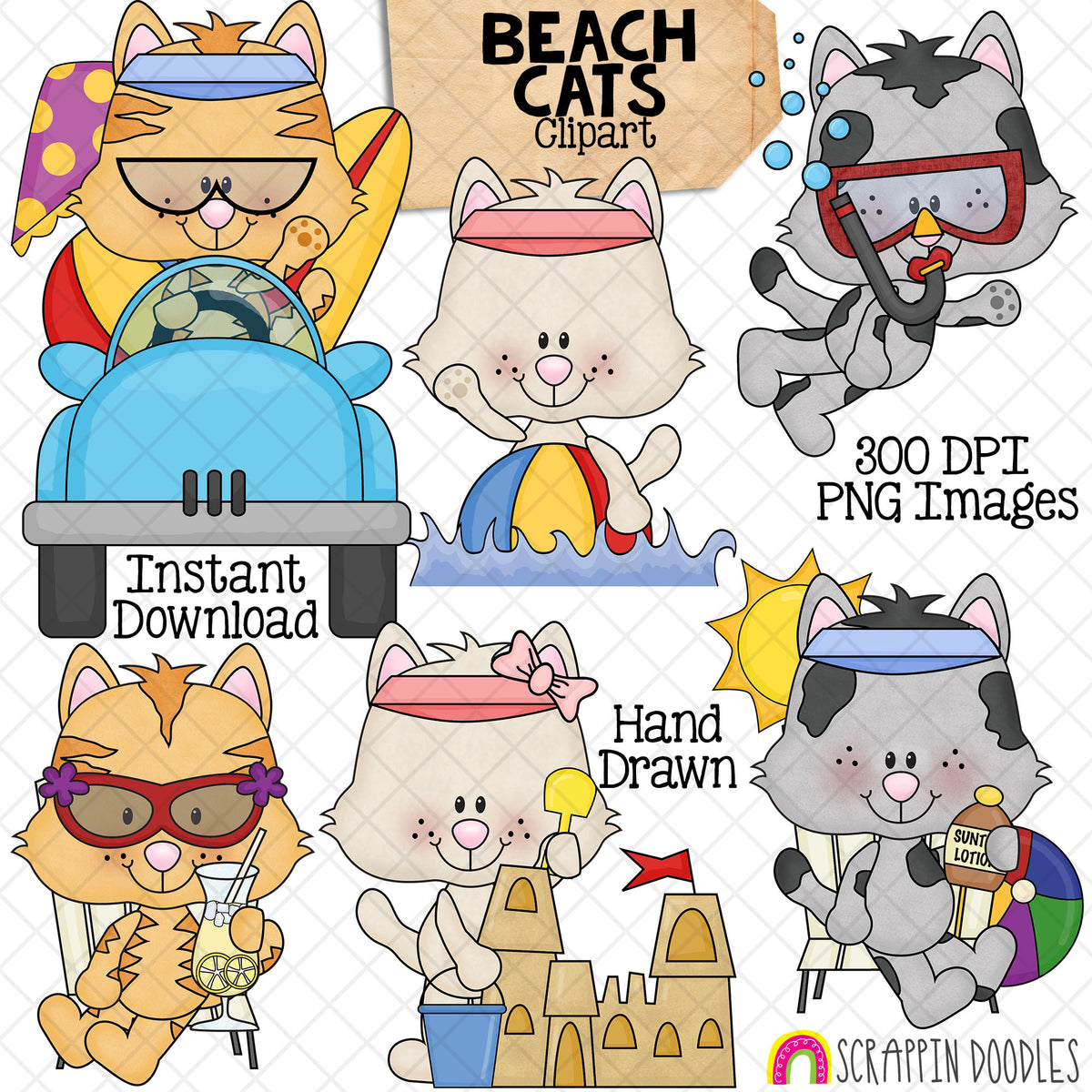 Hand-drawn Beach Cats clipart featuring six cute kittens driving to the beach, snorkeling, playing with a beach ball, building a sandcastle and relaxing.

