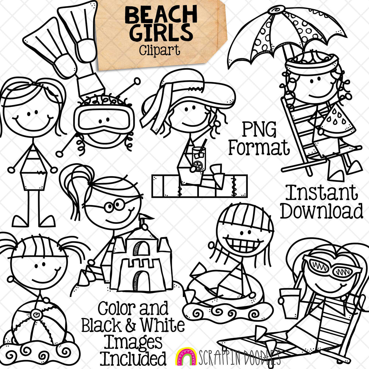 Beach Clip Art - Doodle Girls at the Beach - Kids Snorkeling - Sun Bathing - Building Sand Castle - Swimming