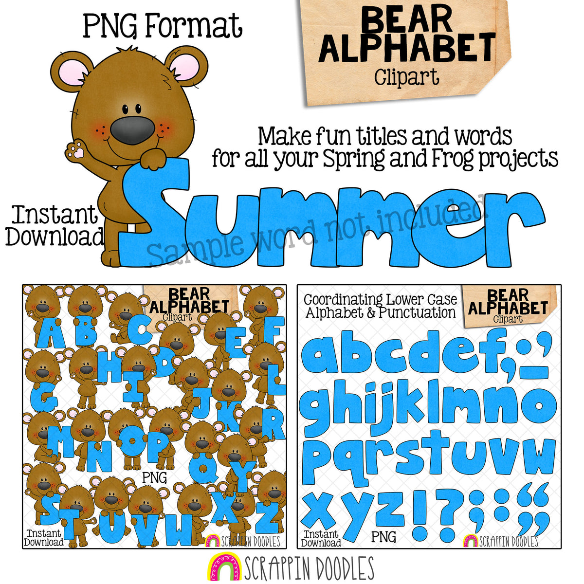 Bear Alphabet Clip Art - Holding Letters Clipart - Summer Titles - Seasonal Headers - Commercial Use PNG Sublimation