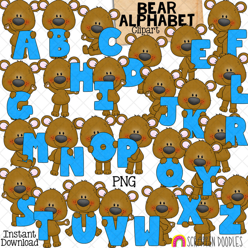 Bear Alphabet Clip Art - Holding Letters Clipart - Summer Titles - Seasonal Headers - Commercial Use PNG Sublimation
