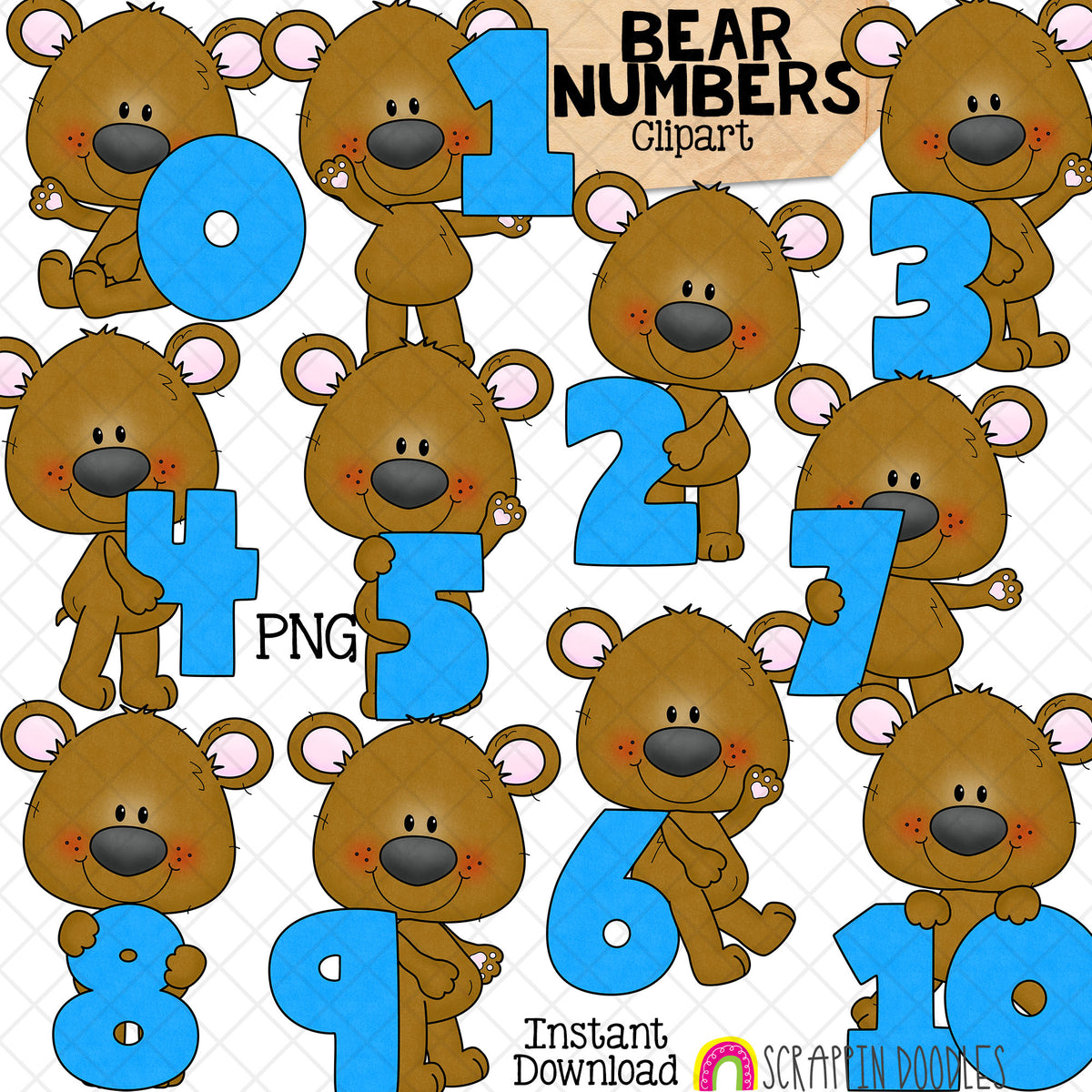Bear Numbers Clip Art - Bears Holding Numbers Clipart - Summer Titles - Seasonal Math Signs - Commercial Use PNG Sublimation