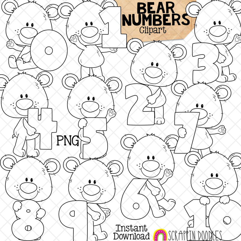 Bear Numbers Clip Art - Bears Holding Numbers Clipart - Summer Titles - Seasonal Math Signs - Commercial Use PNG Sublimation