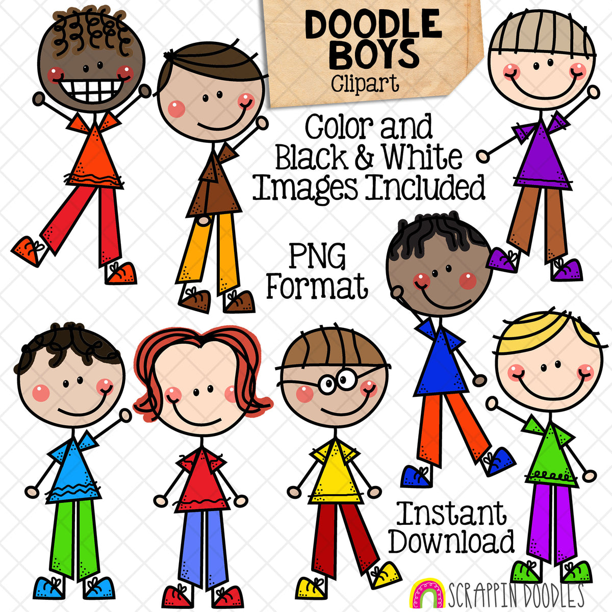 Doodle Boys Clipart - Boy Graphics - Standing - Multi Cultural Kids - Hand Drawn PNG - Commercial Use Allowed