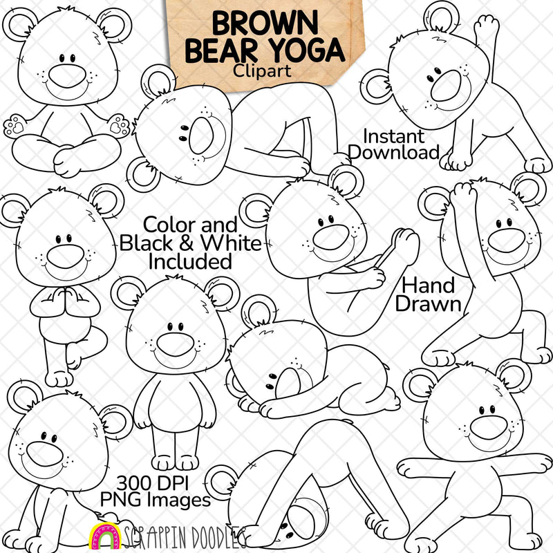 Brown Bear Yoga Clipart preview showing 11 hand drawn bears sitting, stretching, balancing and resting, with text noting color and black and white 300 DPI PNG images.