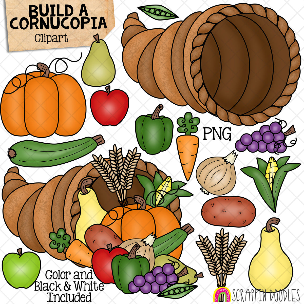 Build a Cornucopia ClipArt - Empty Cornucopia - Thanksgiving - Autumn - Food - Bounty - Fruit - Vegetables - CU PNG