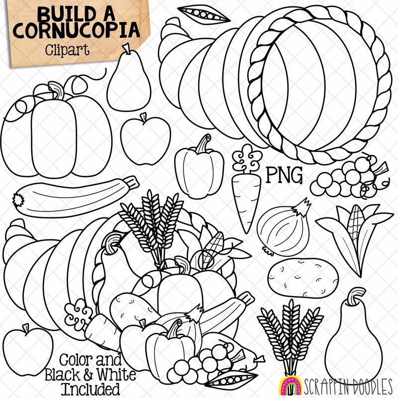 Build a Cornucopia ClipArt - Empty Cornucopia - Thanksgiving - Autumn - Food - Bounty - Fruit - Vegetables - CU PNG