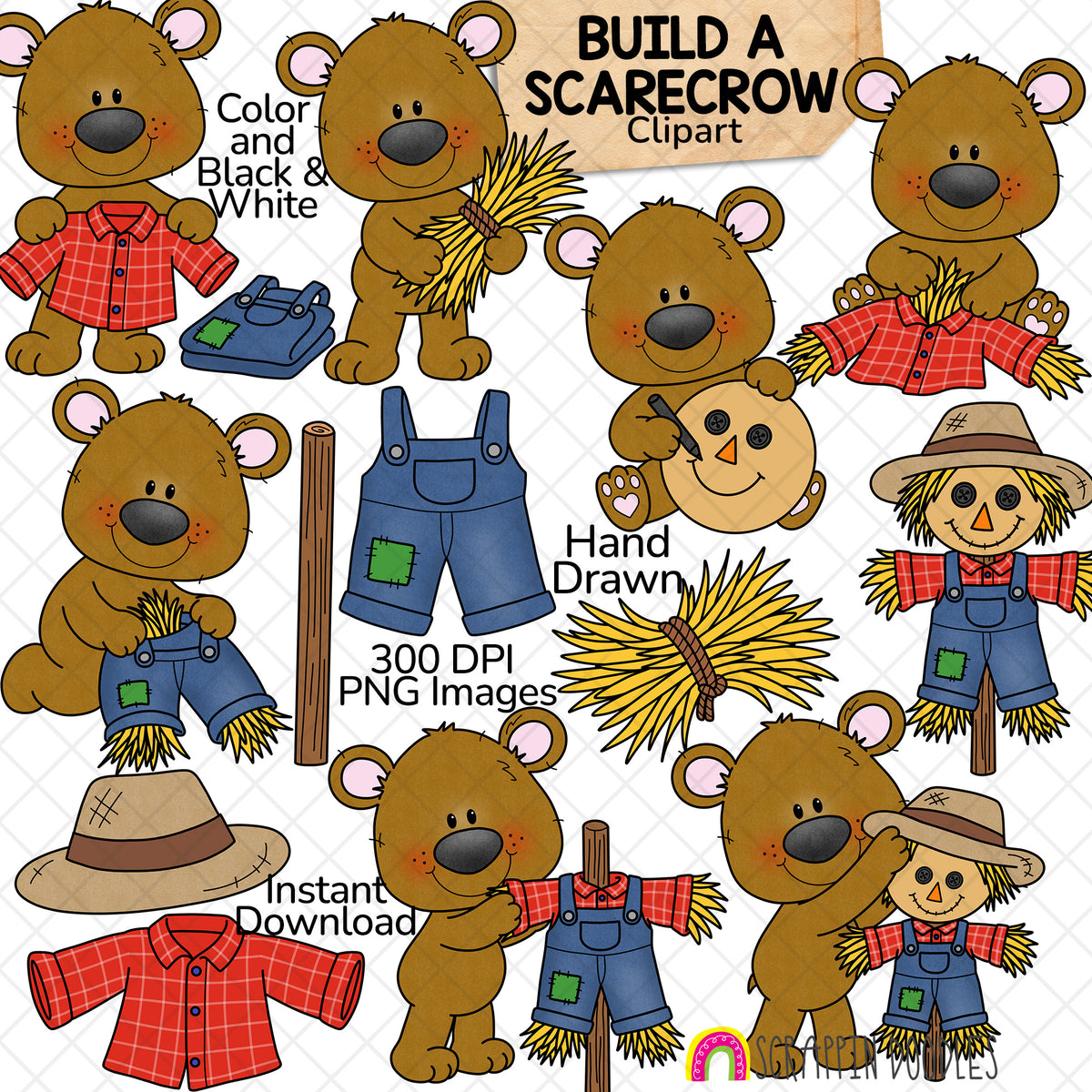 Build a Scarecrow Bear clipart set featuring a cute hand-drawn brown bear gathering straw, dressing a scarecrow, and building a fall scarecrow. Includes 13 color and 13 black and white PNG images for autumn classroom activities.