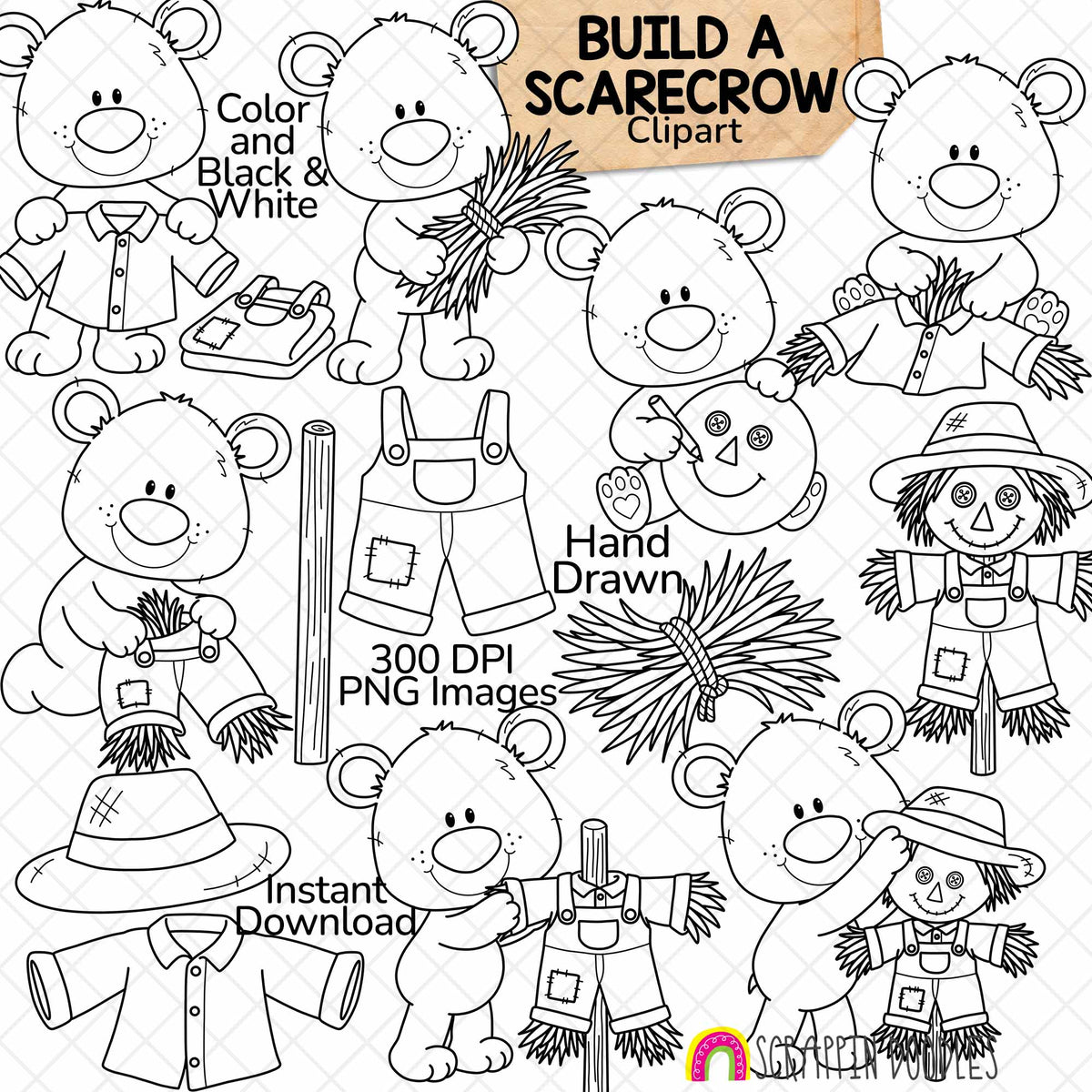 Build a Scarecrow Bear clipart set featuring a cute hand-drawn brown bear gathering straw, dressing a scarecrow, and building a fall scarecrow. Includes 13 color and 13 black and white PNG images for autumn classroom activities.