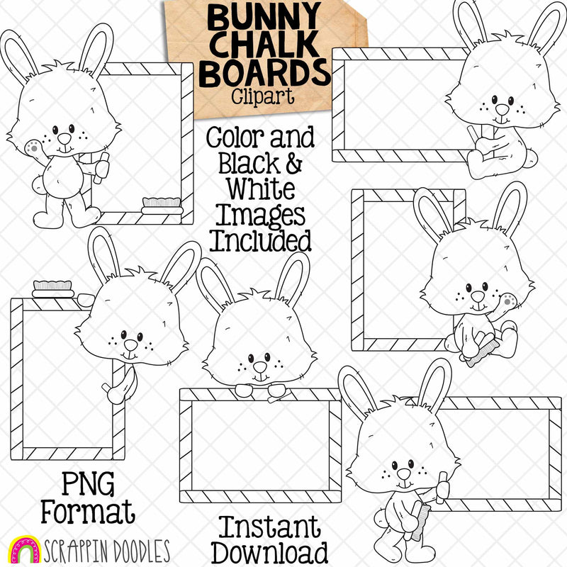 Bunny Clip Art - Rabbits Holding Chalk Boards - Note Boards - Baby Bunnies - Commercial Use - PNG