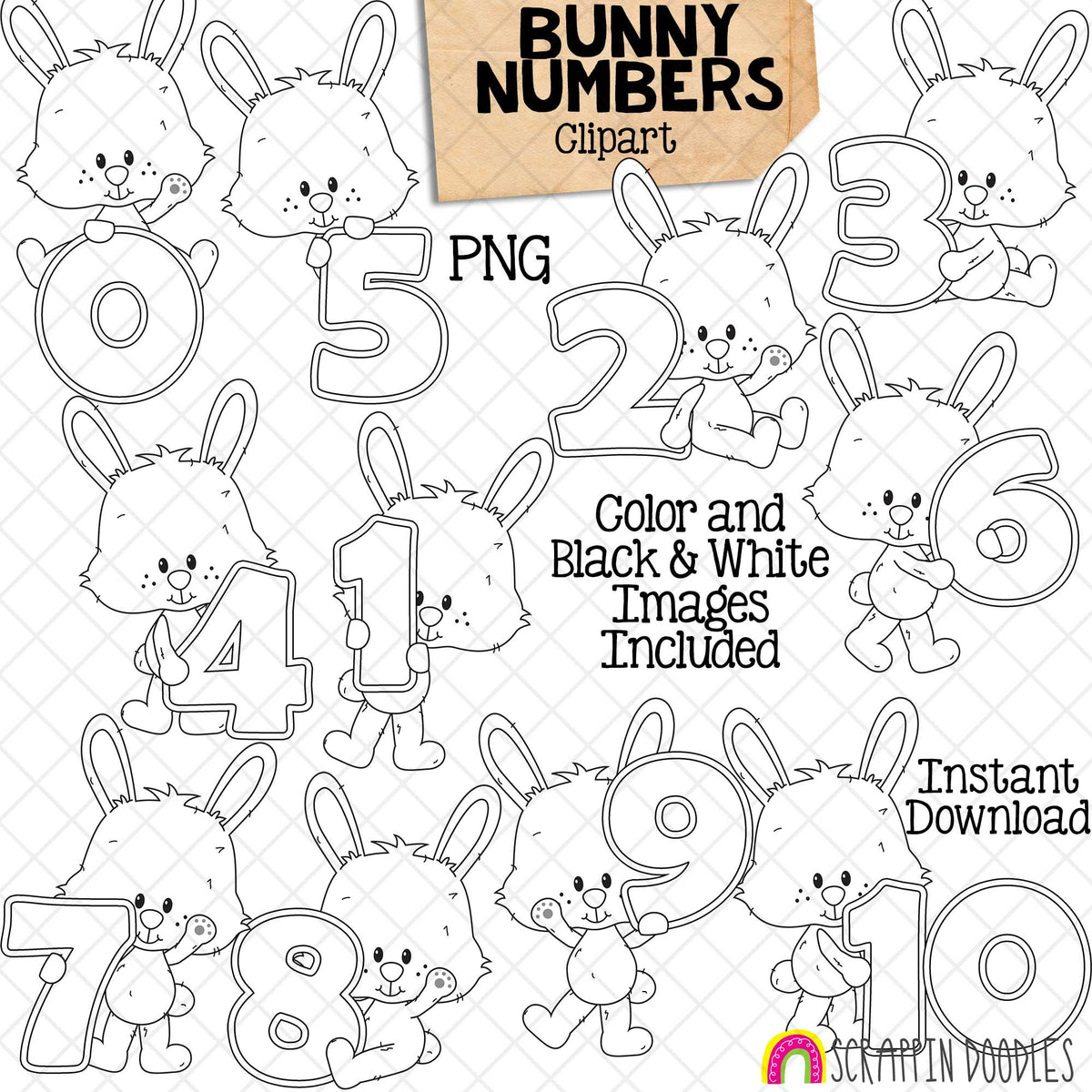 Bunny Number Clip Art - Rabbits Holding Numbers 0 to 10 - Number Bunnies - Commercial Use - PNG