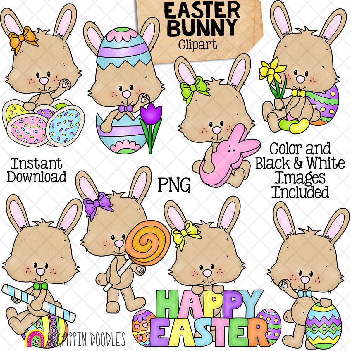 Easter Bunny Clip Art - Easter Candy - Rabbits In Different Poses - Baby Bunnies - Commercial Use - PNG