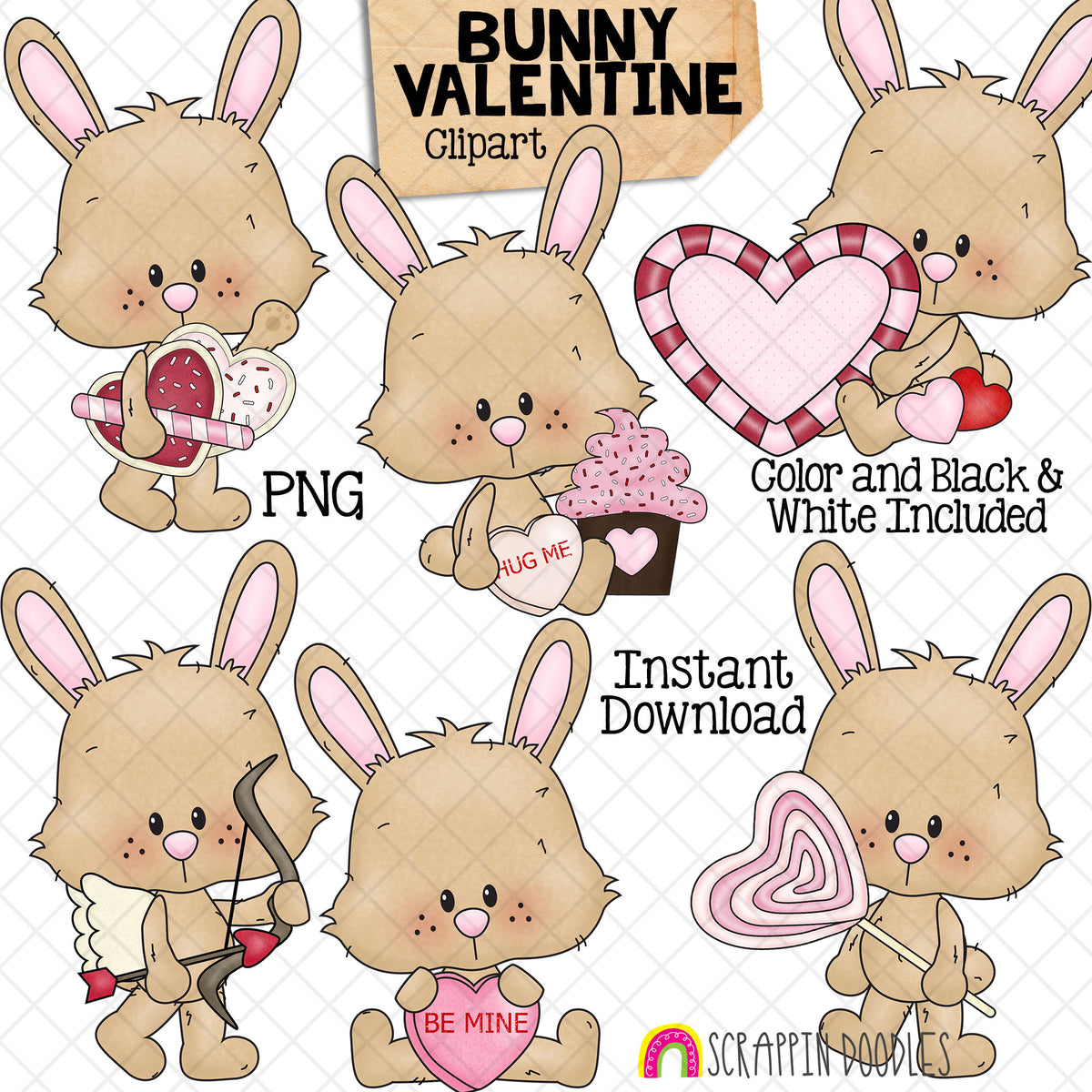 Bunny Valentine Clip Art - Rabbits Holding Valentine Candy - Baby Love Bunnies - Commercial Use - PNG