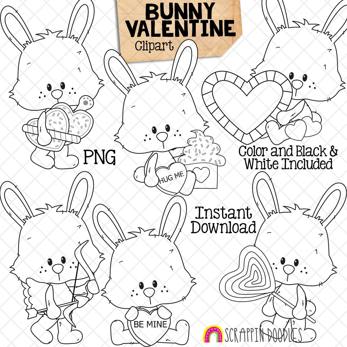 Bunny Valentine Clip Art - Rabbits Holding Valentine Candy - Baby Love Bunnies - Commercial Use - PNG