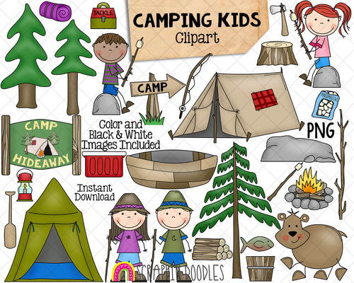 Camping Kids Clip Art - Summer Camp - Hiking - Outdoors - Commercial Use PNG