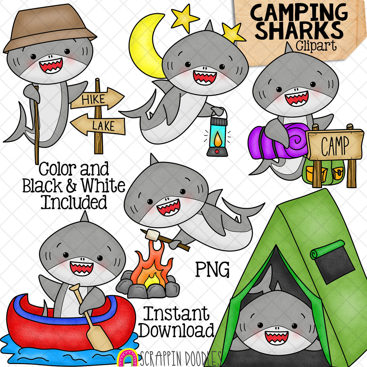 Camping Sharks Clip Art - Grey Shark Clipart - Hiking - Tent - Canoe - Camp Fire - Baby Shark - Commercial Use PNG Sublimation