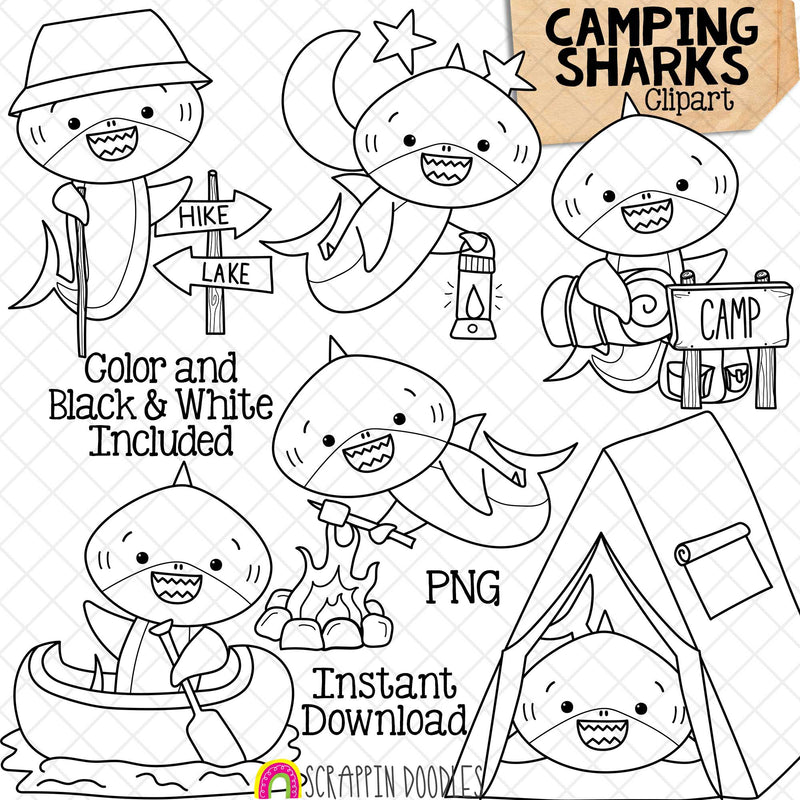Camping Sharks Clip Art - Grey Shark Clipart - Hiking - Tent - Canoe - Camp Fire - Baby Shark - Commercial Use PNG Sublimation