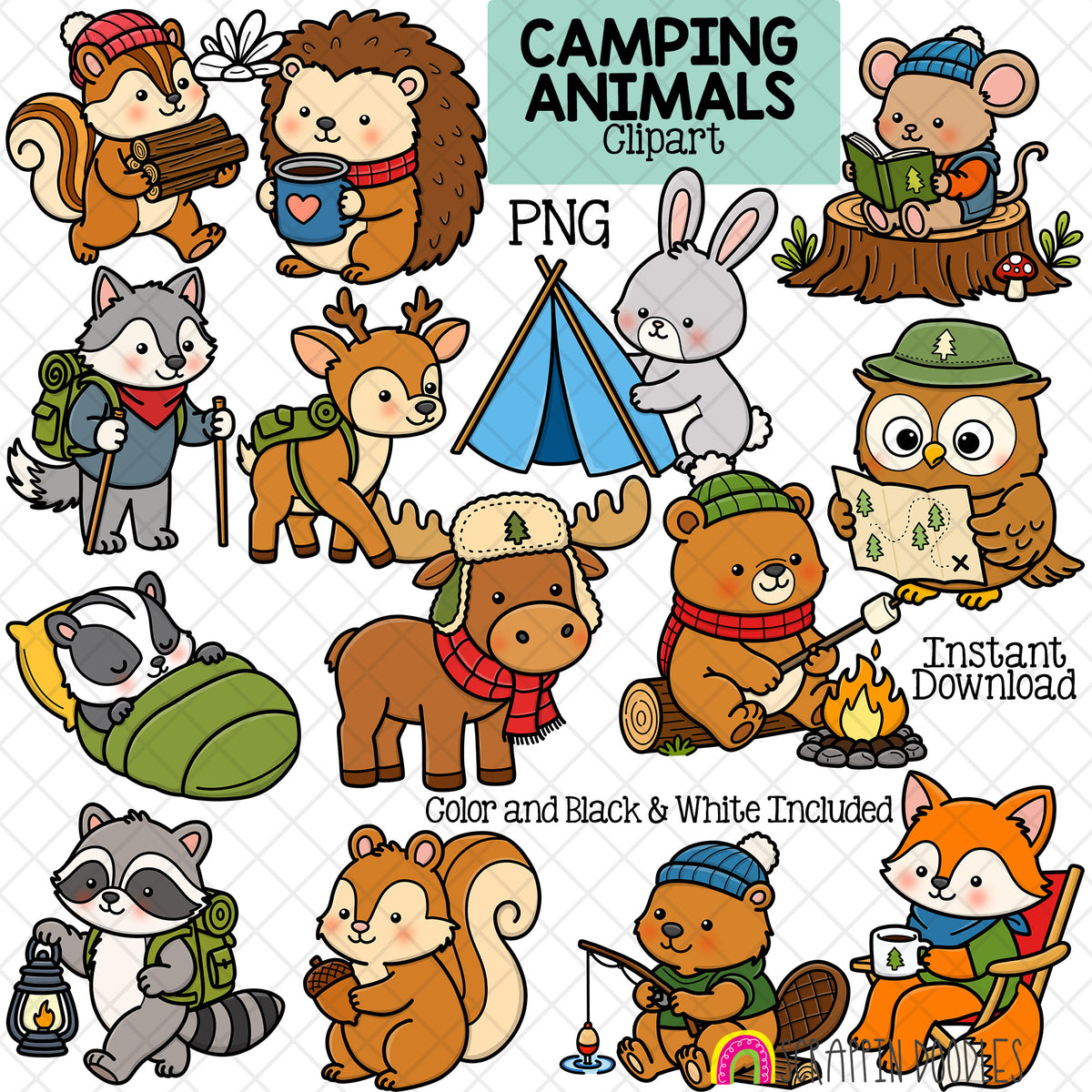 A digital clipart set featuring cute cartoon camping animals, including a squirrel, hedgehog, mouse, rabbit, wolf, deer, owl, bear, raccoon, moose, squirrel, and fox, each shown in different outdoor camping activities. The image includes text overlays reading 'CAMPING ANIMALS Clipart', 'PNG', 'Instant Download', and 'Color and Black & White Included'.