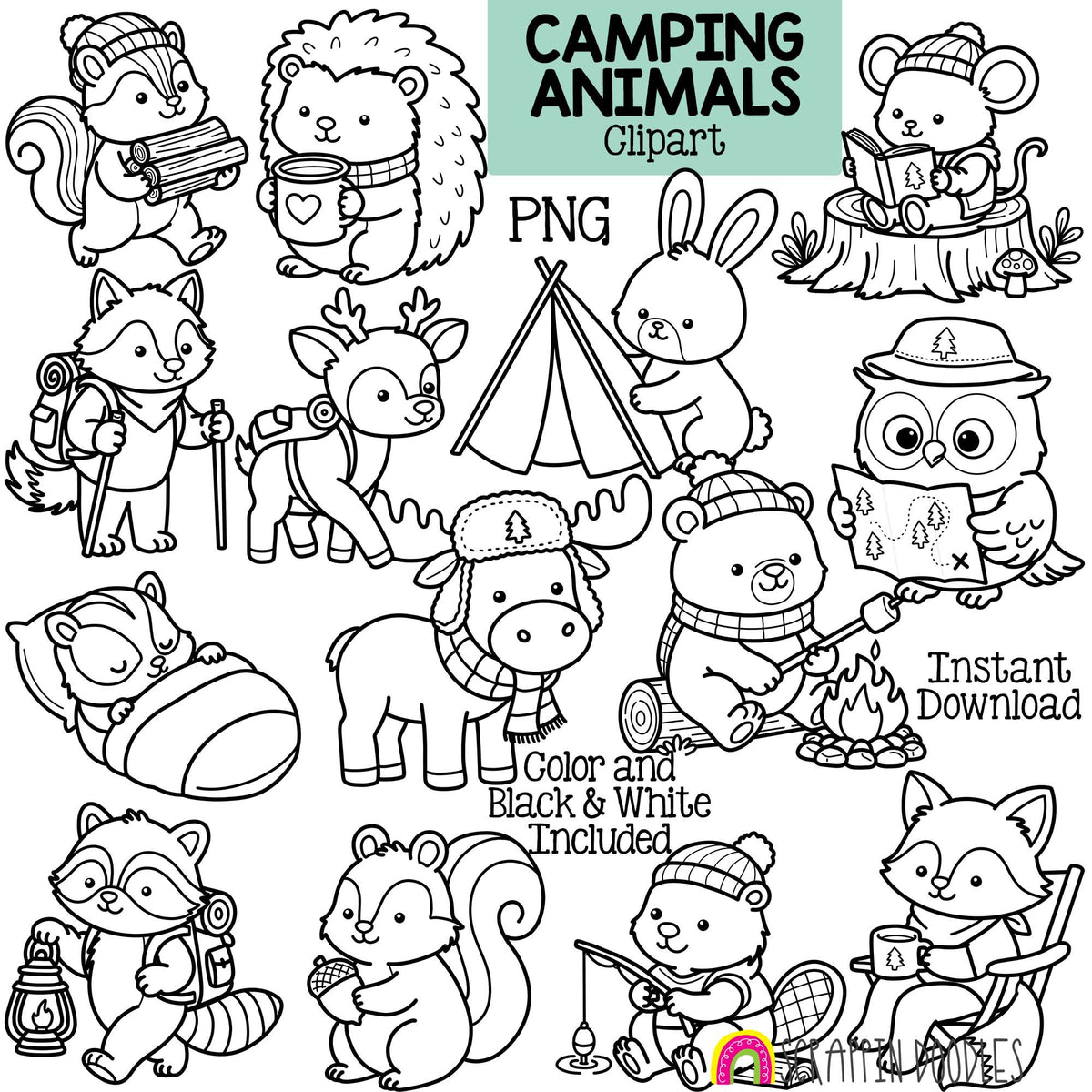A digital clipart sheet featuring cute camping animals in black and white line art, including a bear, raccoon, squirrel, hedgehog, rabbit, deer, owl, fox, and campfire scene. Text reads 'Camping Animals Clipart', 'PNG', 'Instant Download', and 'Color and Black & White Included'.