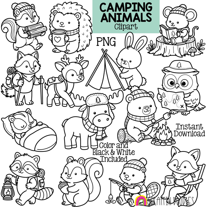 A digital clipart sheet featuring cute camping animals in black and white line art, including a bear, raccoon, squirrel, hedgehog, rabbit, deer, owl, fox, and campfire scene. Text reads 'Camping Animals Clipart', 'PNG', 'Instant Download', and 'Color and Black & White Included'.