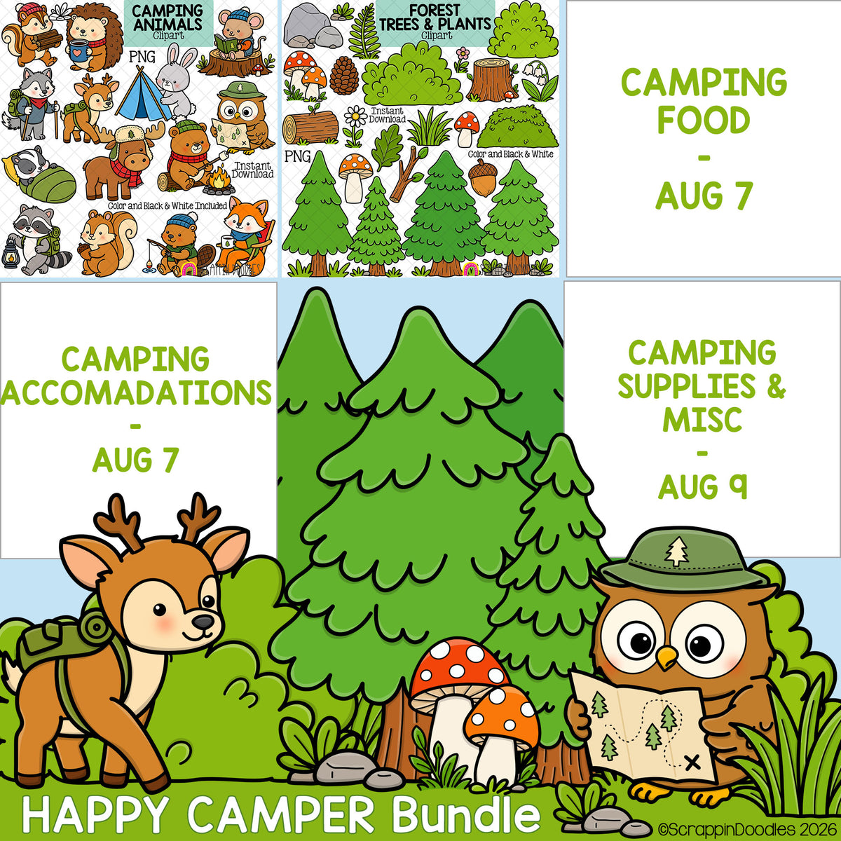 A collage-style promotional graphic for a 'Happy Camper Bundle' featuring cartoon camping-themed illustrations. The design is divided into panels showing camp animals, forest trees and plants, camping food, camping accommodations, camping supplies and misc, and a large central forest scene with a deer and owl.