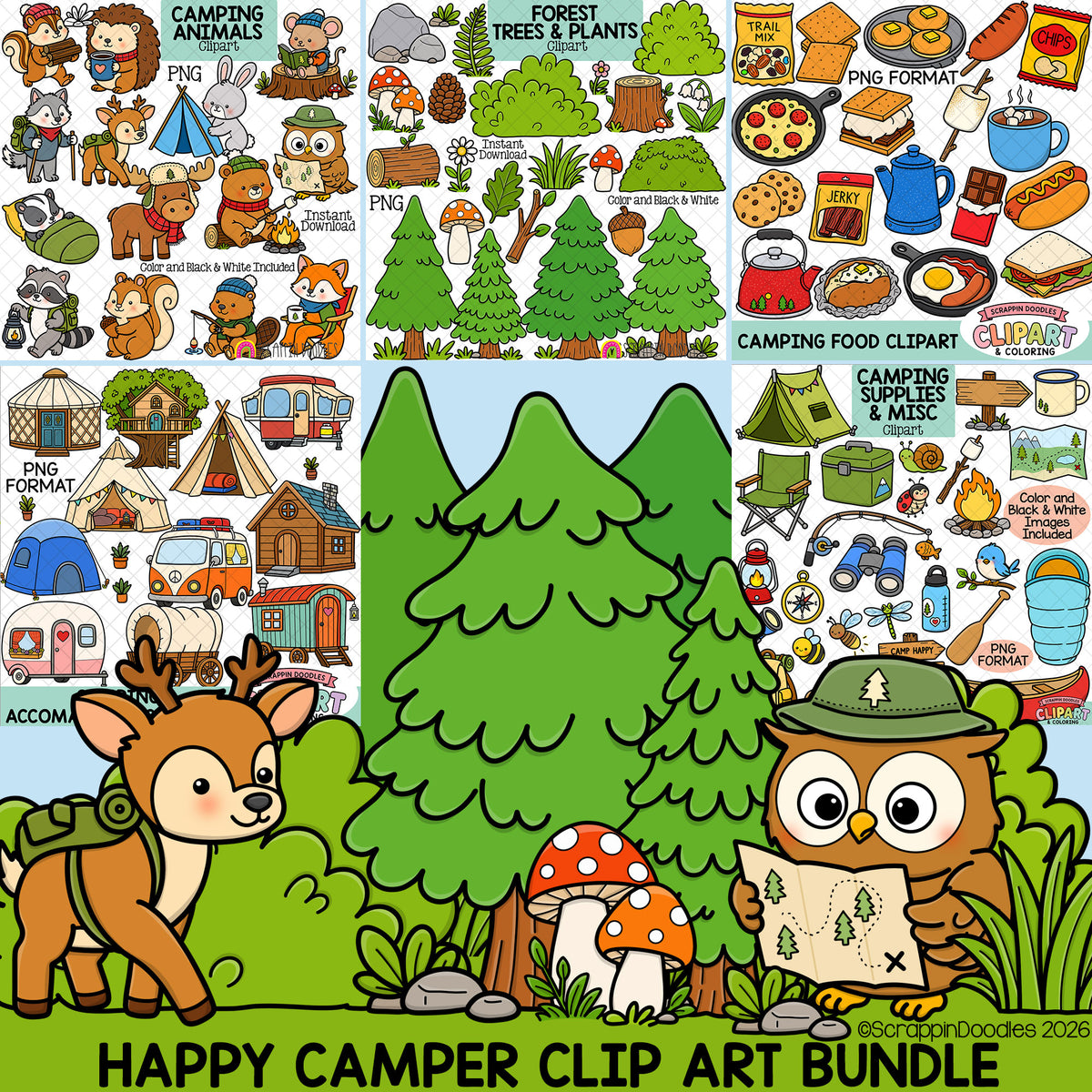 A collage-style clip art bundle cover featuring many small camping-themed illustrations: animals, trees, food, supplies, and an owl reading a map. Large text reads 'Happy Camper Clip Art Bundle' and 'PNG Format'.