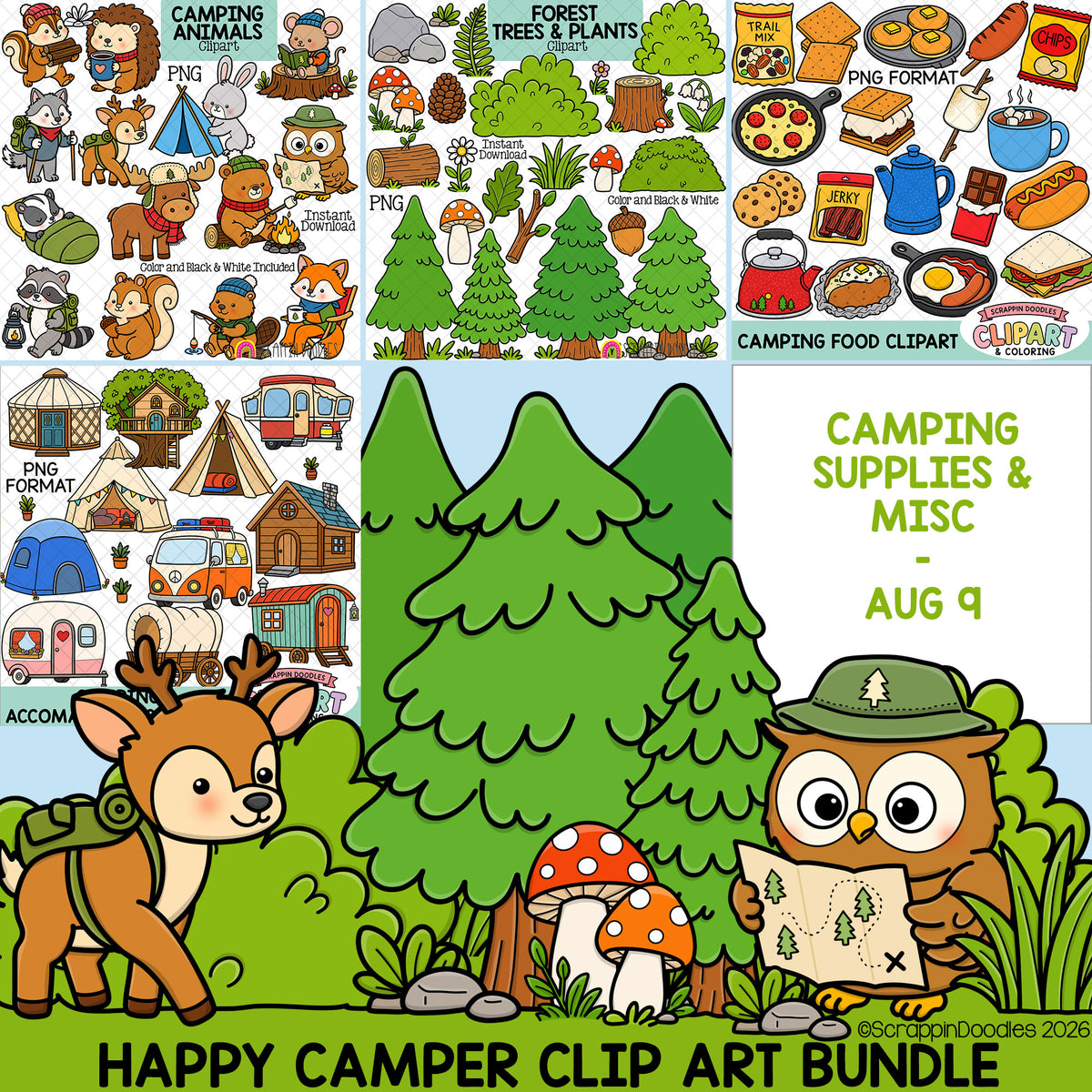 Happy Camper ClipArt Bundle - Animals - Forest - Accomadation - Food - CU