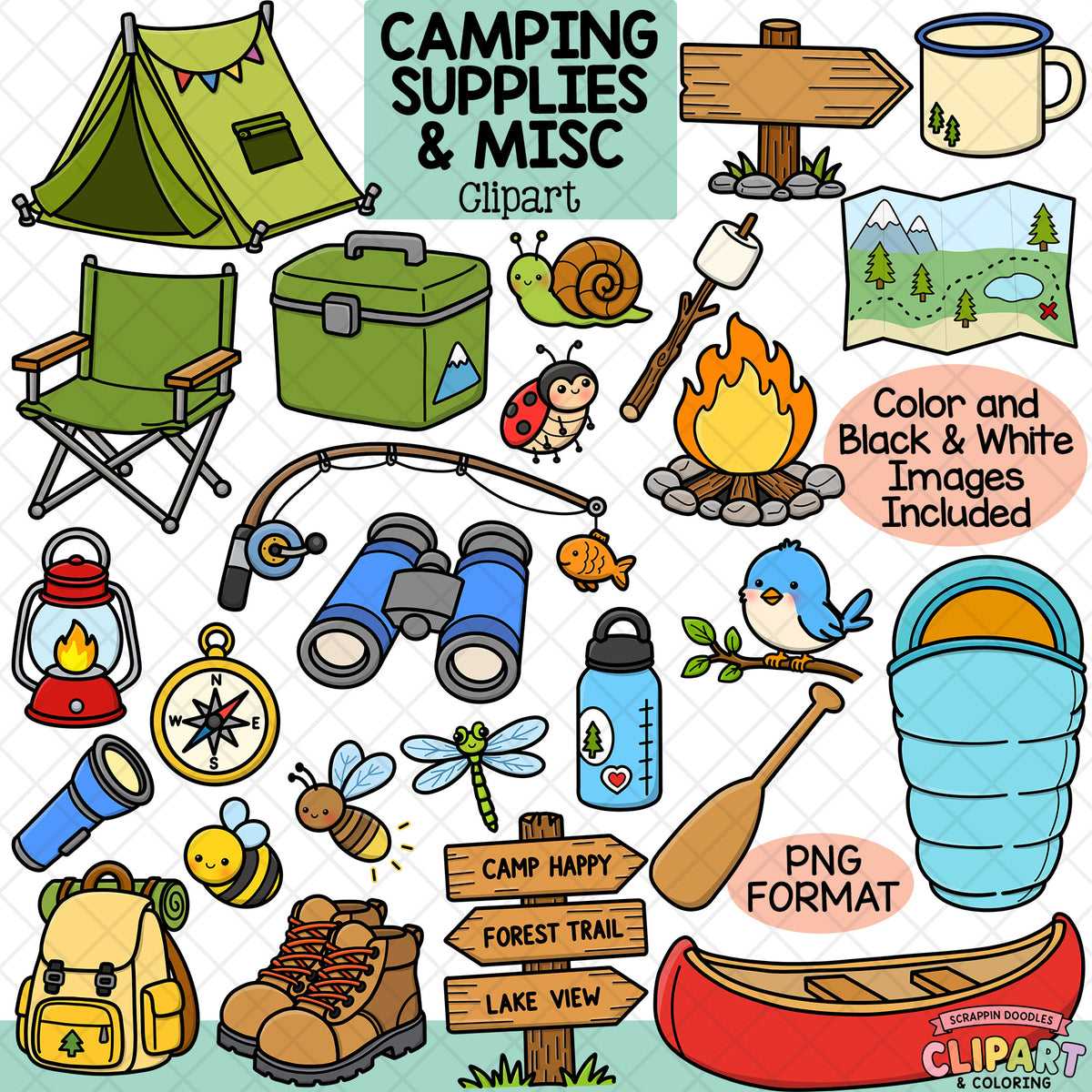 A digital clipart collection titled 'Camping Supplies & Misc' featuring various outdoor and camping-themed illustrations including a tent, folding chair, cooler, binoculars, campfire, canoe, sleeping bag, backpack, boots, map, compass, lantern, bird, bee, dragonfly, and a signpost, presented on a white background with a watermark.