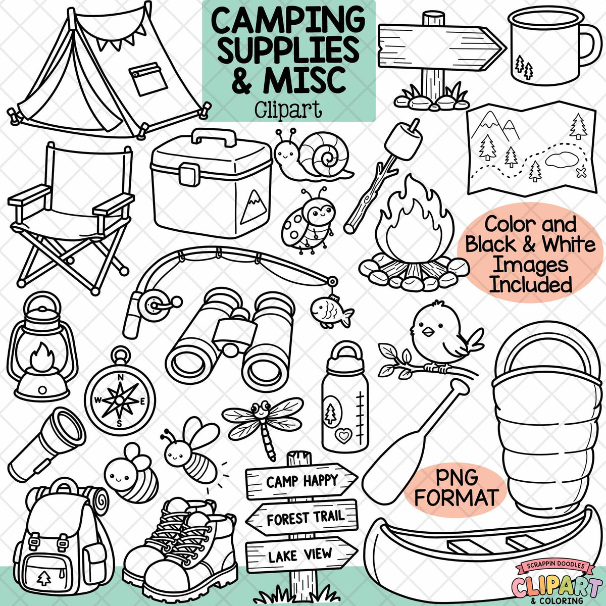 A digital clipart sheet featuring black and white line art illustrations of camping supplies and miscellaneous outdoor items, including a tent, folding chair, campfire, canoe, binoculars, backpack, boots, lantern, map, birdhouse, and other camping-themed doodles. Text overlays mention 'Camping Supplies & Misc Clipart', 'Color and Black & White Images Included', 'PNG Format', and a 'Clipsart Coloring' logo.