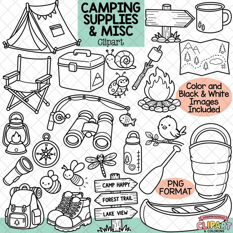 A digital clipart sheet featuring black and white line art illustrations of camping supplies and miscellaneous outdoor items, including a tent, folding chair, campfire, canoe, binoculars, backpack, boots, lantern, map, birdhouse, and other camping-themed doodles. Text overlays mention 'Camping Supplies & Misc Clipart', 'Color and Black & White Images Included', 'PNG Format', and a 'Clipsart Coloring' logo.
