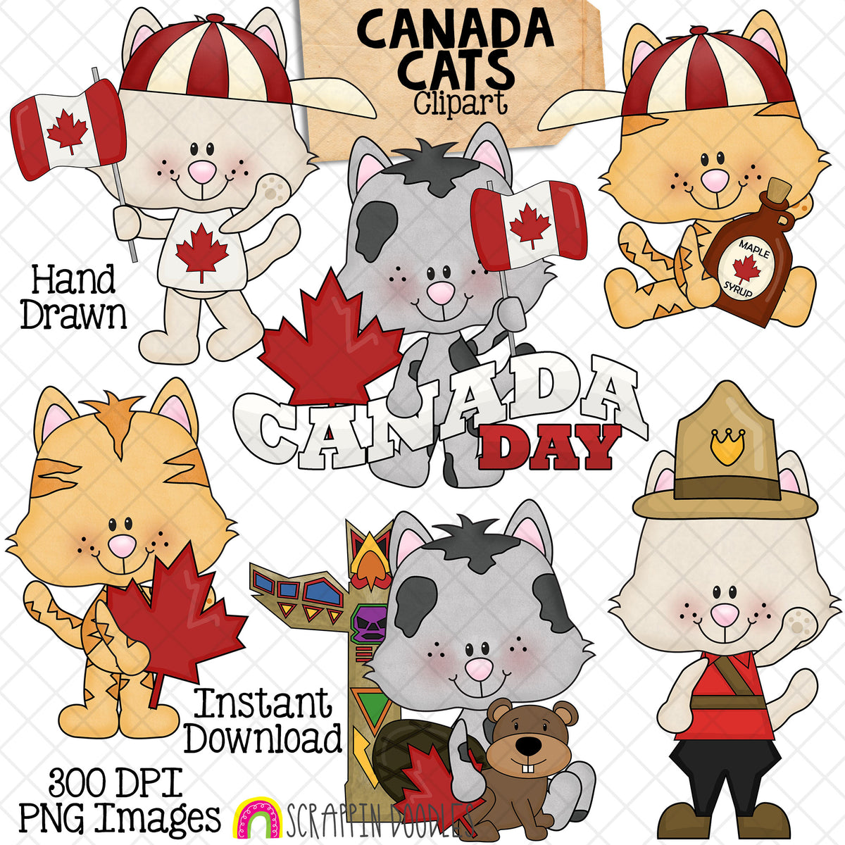Hand-drawn Canada Cats clipart featuring cute kittens with Canadian flags, maple syrup, maple leaves, a beaver, Mountie uniform and Canada Day word art.