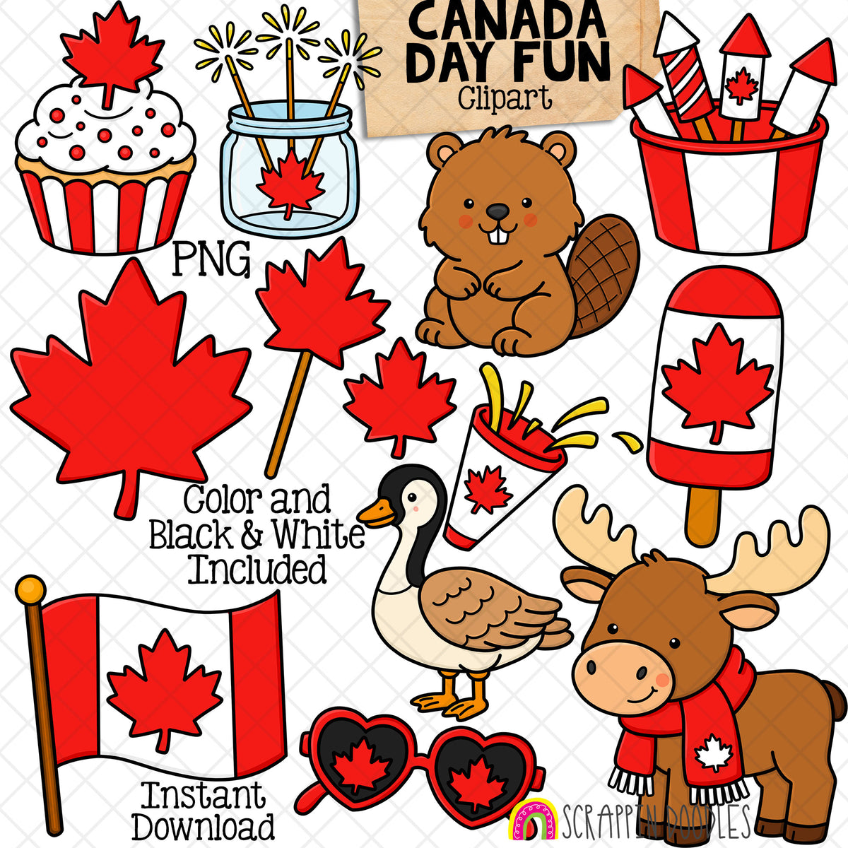 Canada Day Clipart Set, Cute Canada PNG Bundle, Moose, Beaver, Goose, Printable Sublimation Design