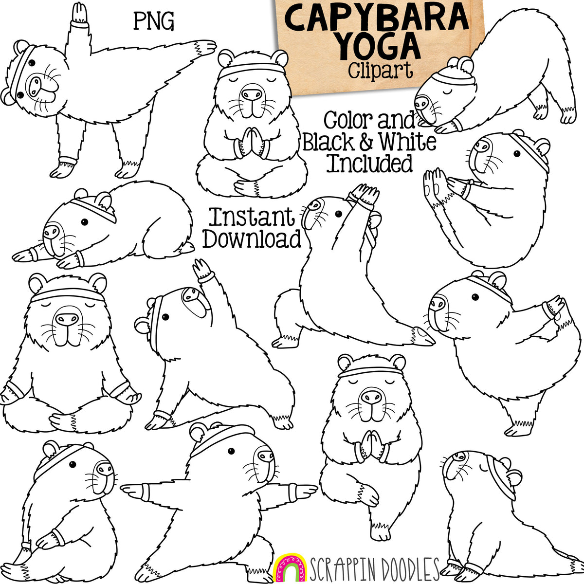 Capybara Yoga Clipart Set, Cute Meditating Capybaras PNG Bundle, Kawaii Animal Yoga Poses, Printable Sublimation Design