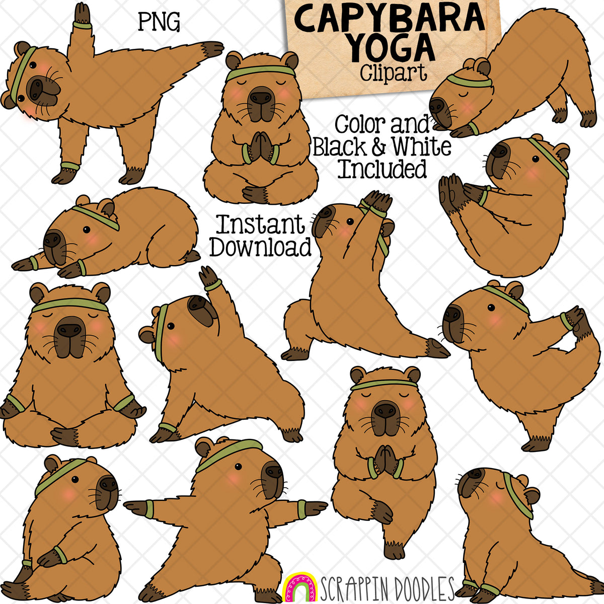 Capybara Yoga Clipart Set, Cute Meditating Capybaras PNG Bundle, Kawaii Animal Yoga Poses, Printable Sublimation Design