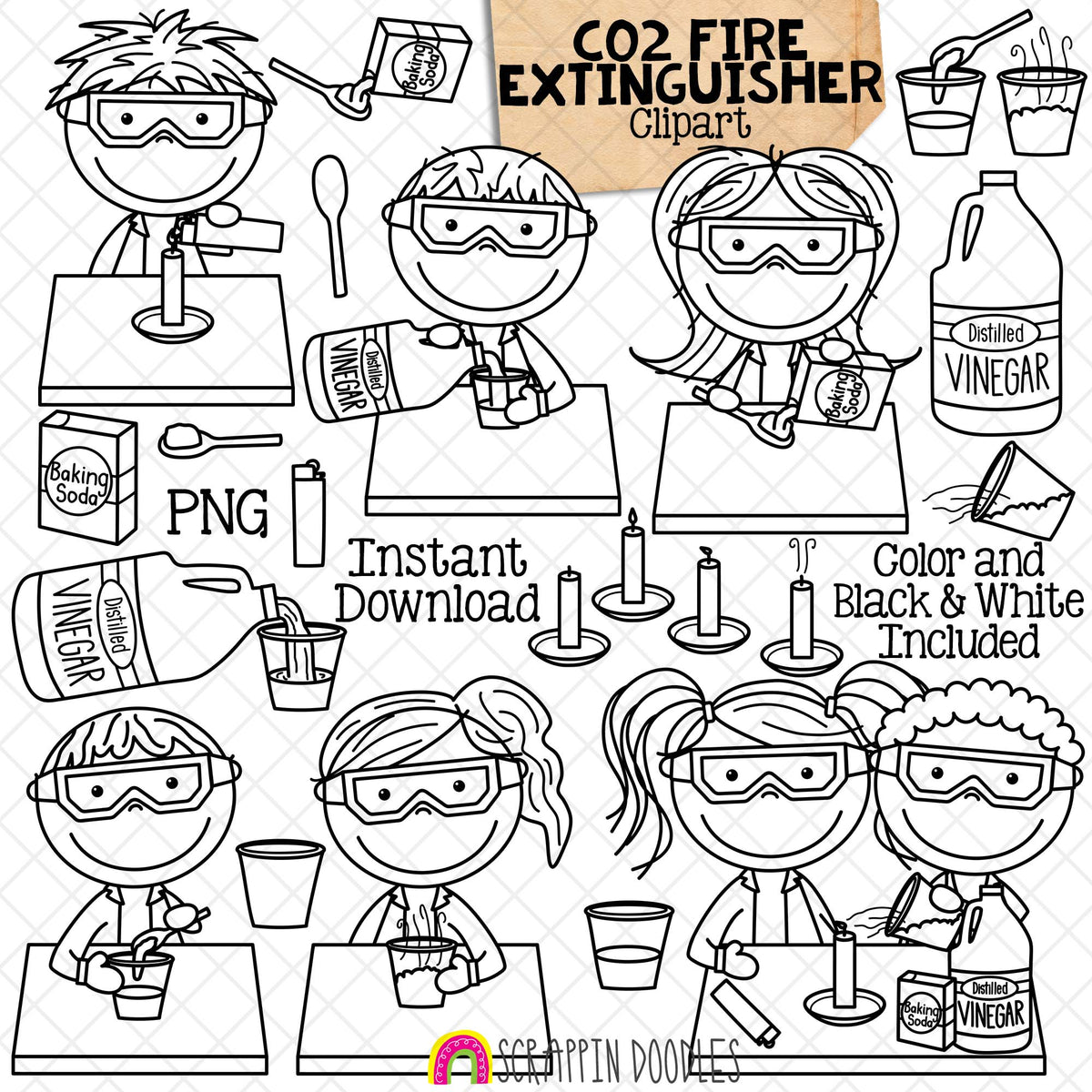 CO2 Fire Extinguisher Clip Art - Carbon Dioxide Experiments - Scientist - Vinegar - Kids Science - Baking Soda - CU PNG Sublimation