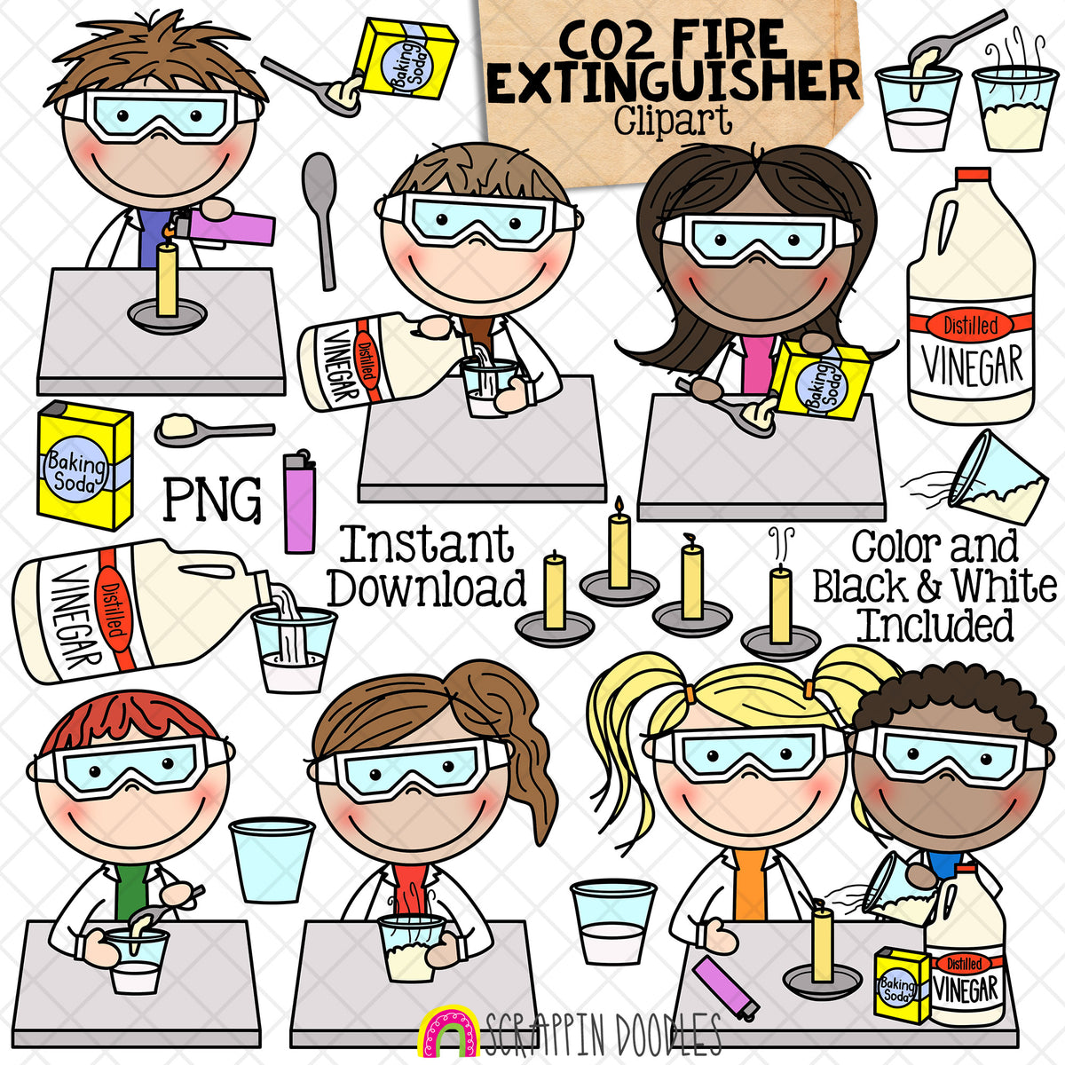 CO2 Fire Extinguisher Clip Art - Carbon Dioxide Experiments - Scientist - Vinegar - Kids Science - Baking Soda - CU PNG Sublimation