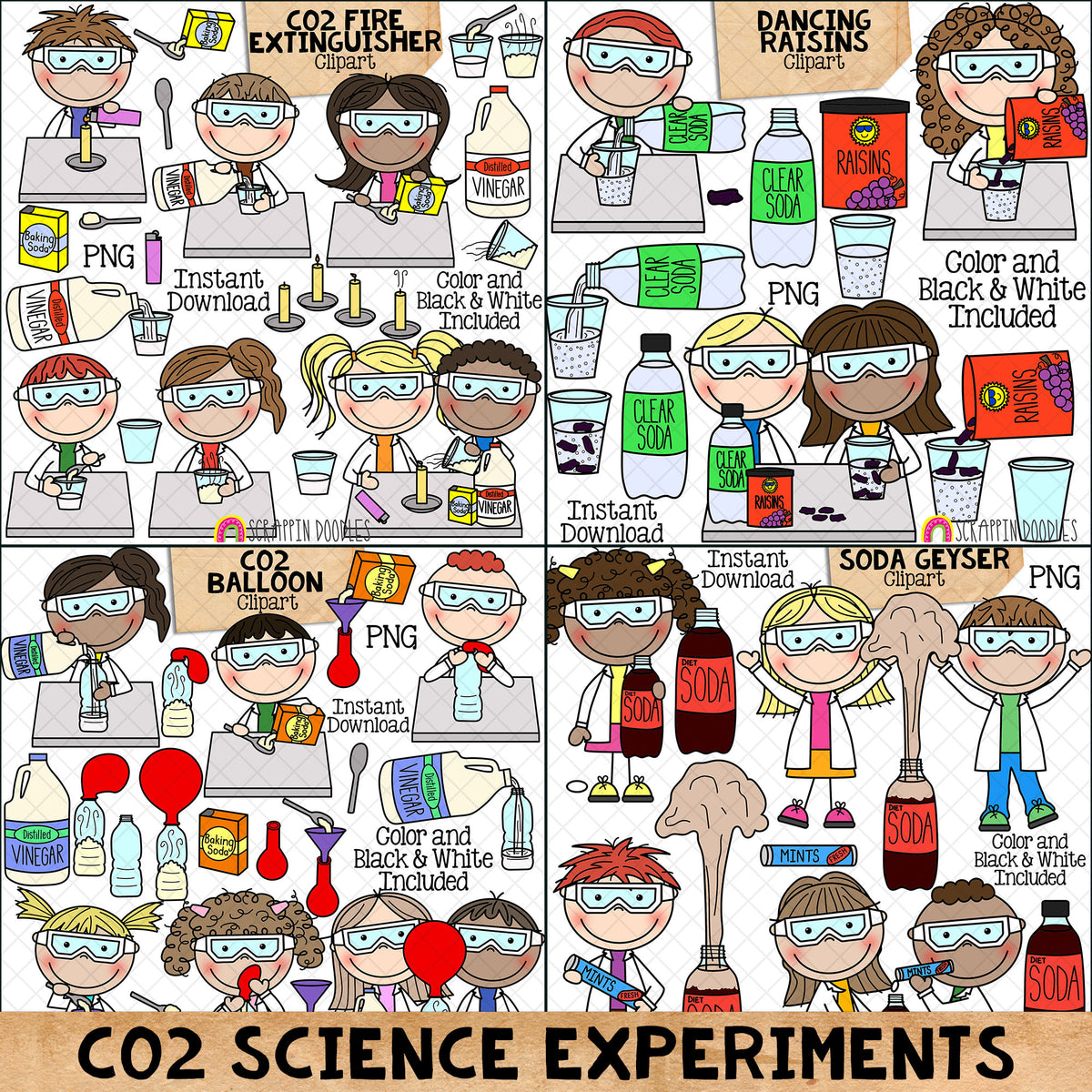 CO2 Science Experiments ClipArt Bundle - Carbon Dioxide - Scientist - Vinegar - Kids Science - Baking Soda - CU PNG Sublimation
