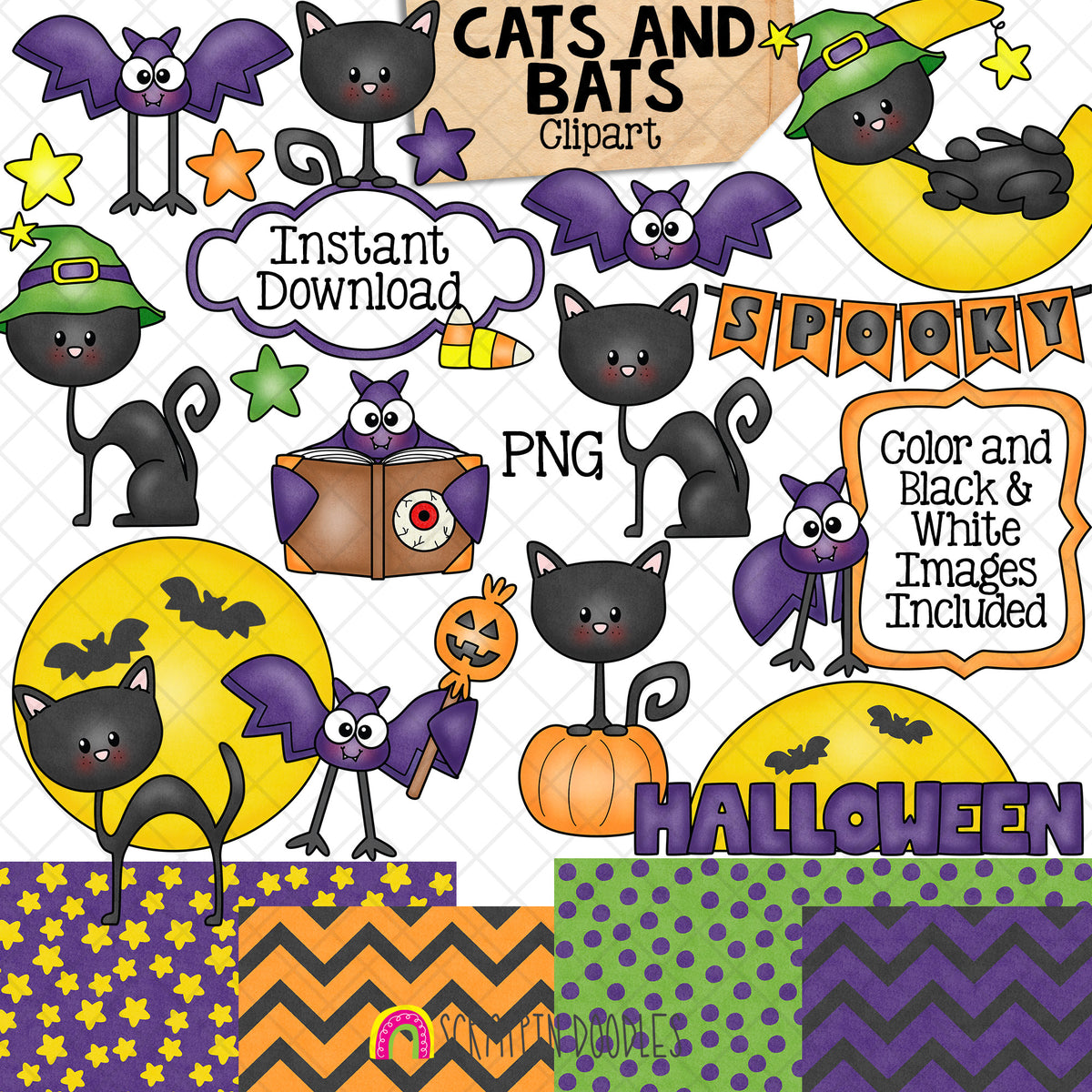 Cats &amp; Bats ClipArt - Halloween - Cute - Full Moon - Black Cat - Witch Hat - Backgrounds - Cat in Pumpkin - CU PNG - Hand Drawn Images