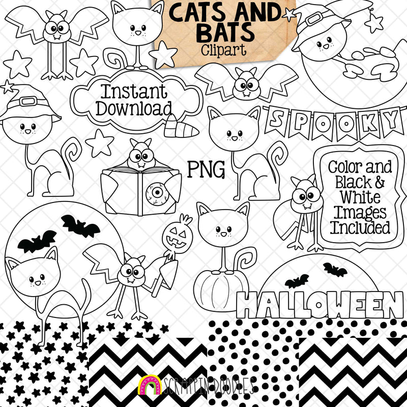 Cats &amp; Bats ClipArt - Halloween - Cute - Full Moon - Black Cat - Witch Hat - Backgrounds - Cat in Pumpkin - CU PNG - Hand Drawn Images