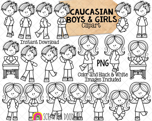 Caucasin Boys and Girls Kids ClipArt - Multi Cultural Children Posing Graphics - Commercial Use PNG