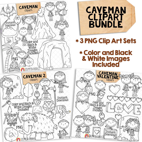 Caveman ClipArt Bundle - Prehistoric - Paleolithic Age - Commercial Use PNG