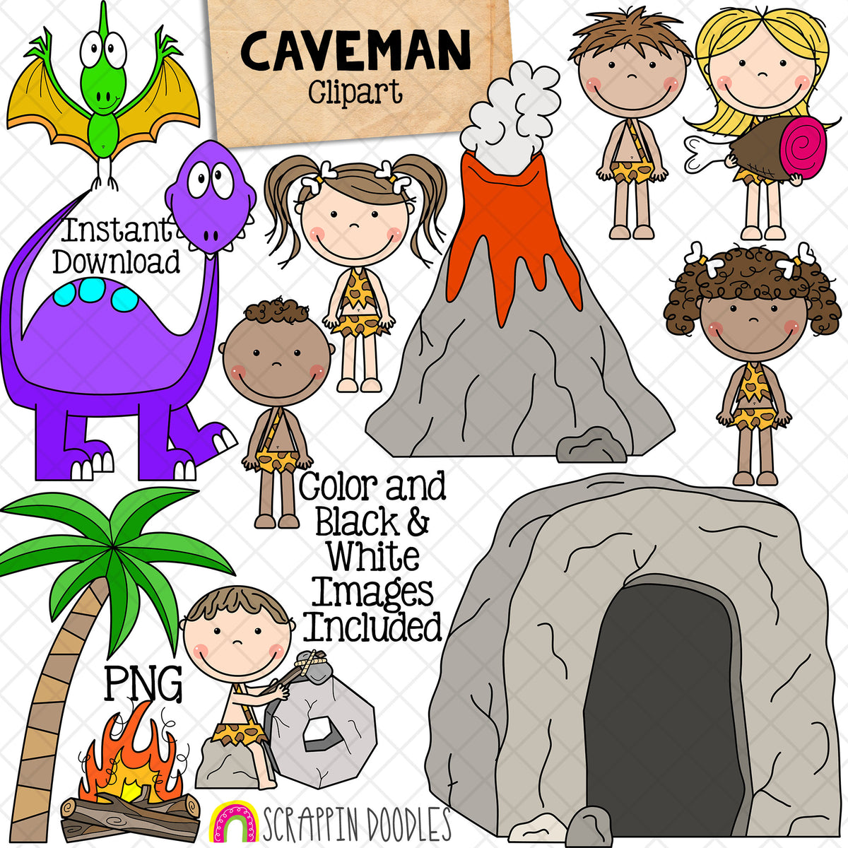 Caveman ClipArt Bundle - Prehistoric - Paleolithic Age - Commercial Use PNG