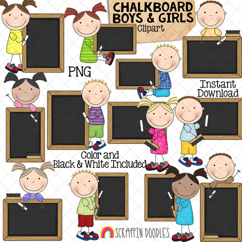 Chalkboard Boys and Girls Clipart - Kids with Blank Chalkboards - Commercial Use PNG - Susie and Tommy