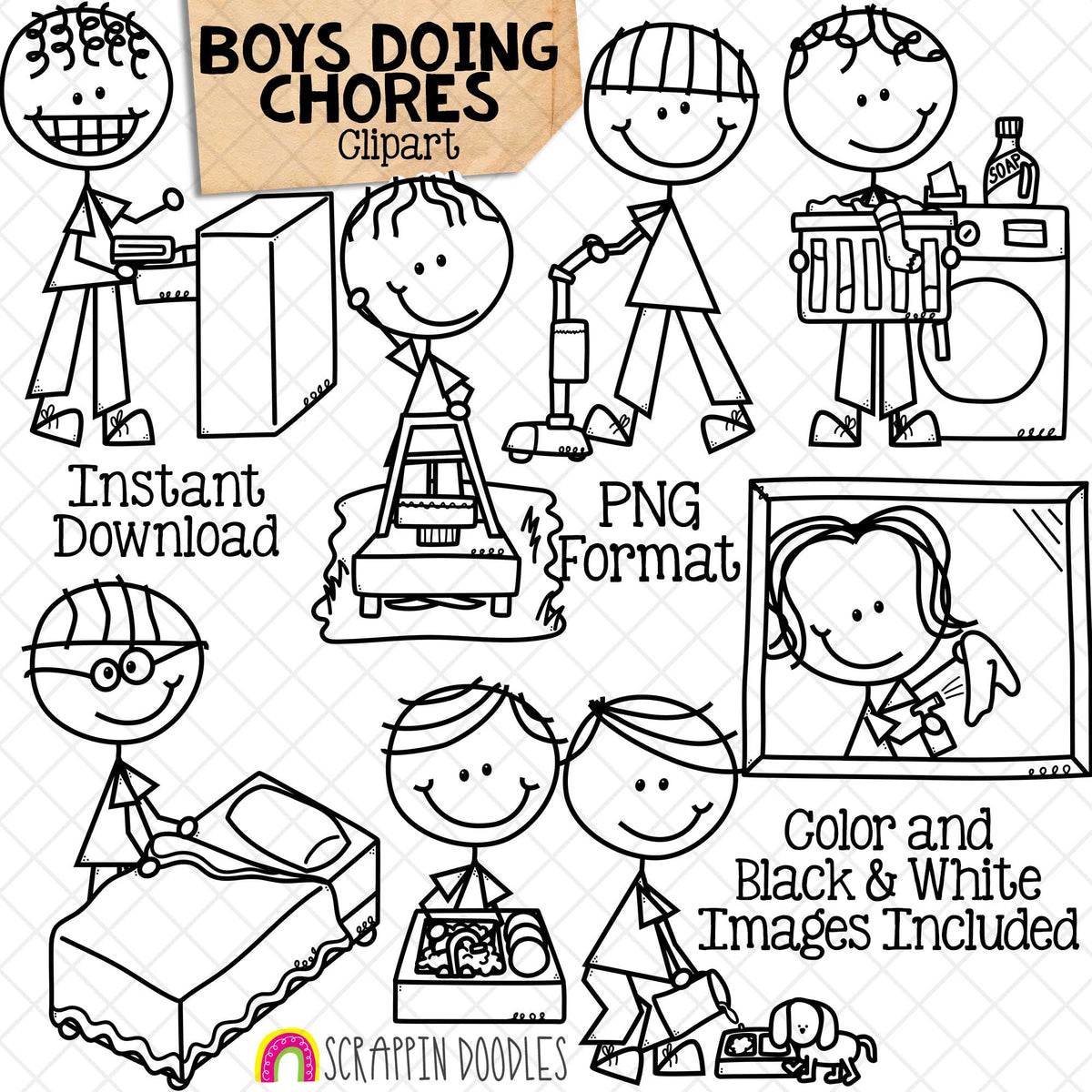 Household Chores ClipArt - Doodle Boys Clip Art - Kids Doing Chores ClipArt - Spring Cleaning - Cleaning House Graphics - Hand Drawn PNG