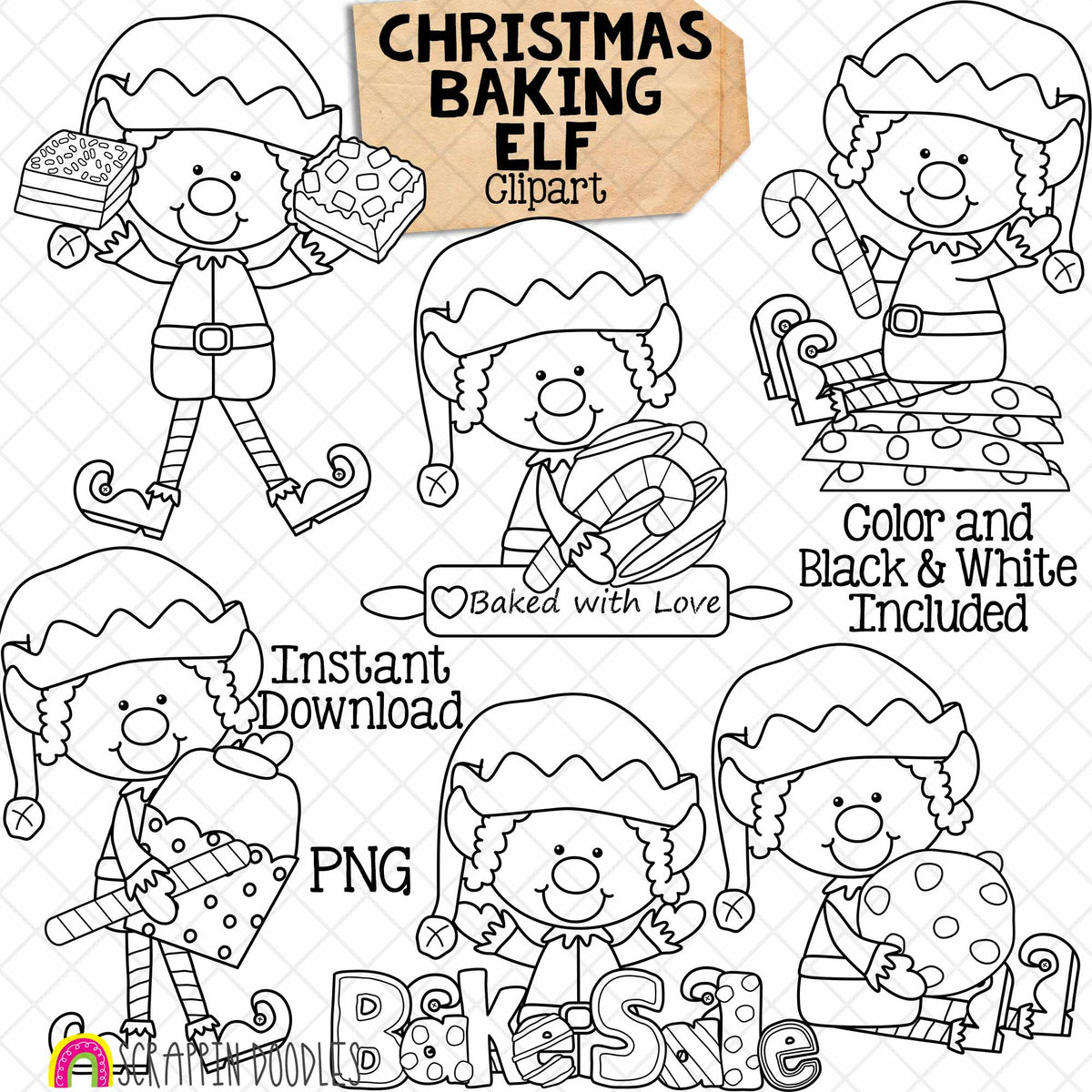 Christmas Baking Elf Clip Art - Christmas Elves Posing - Cookies - Sweets - Bake Sale - Elfkins - Commercial Use - Hand Drawn PNG